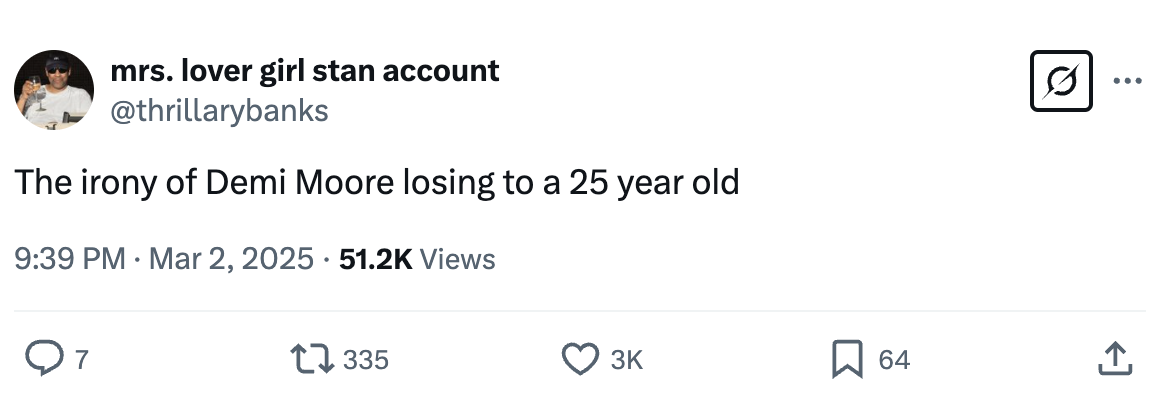 Screenshot of X post about Demi Moore's Oscars loss